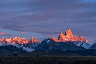 First light on Mount Fitz Roy and Cerro Torre in Los Glaciares National Park 