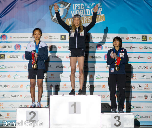 Lead-Weltcup Villars 2019 Podium: Chaehyun Seo, Janja Garnbret und Ai Mori